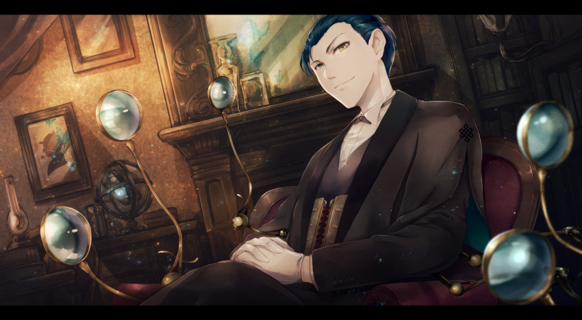 1boy bangs black_bow black_hair black_jacket black_neckwear black_pants blue_jacket bow bowtie collared_shirt fate/grand_order fate_(series) formal gloves green_eyes jacket kuina_(escapegoat) long_sleeves looking_at_viewer male_focus neckwear pants sherlock_holmes_(fate/grand_order) shirt short_hair sitting solo suit white_gloves white_shirt
