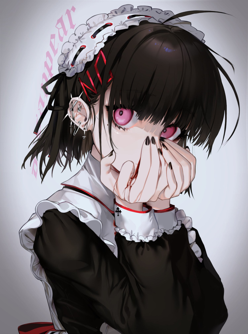 1girl apron bangs black_nails blood brown_hair earrings english_text eyeliner hair_ornament hairclip hands_on_own_face hands_up highres jewelry long_sleeves looking_at_viewer maid maid_apron maid_headdress makeup medium_hair mole mole_under_eye multiple_earrings nosebleed original pink_eyes solo unxi upper_body