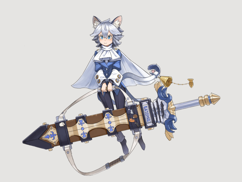 1girl animal_ear_fluff animal_ears bell blue_eyes blush capelet carrying closed_mouth cuffs formal greatsword grey_background grey_hair grey_neckwear hair_between_eyes highres holding huge_weapon kahill necktie original scabbard sheath sheathed short_hair simple_background smile solo suit sword tail tail_bell weapon white_capelet