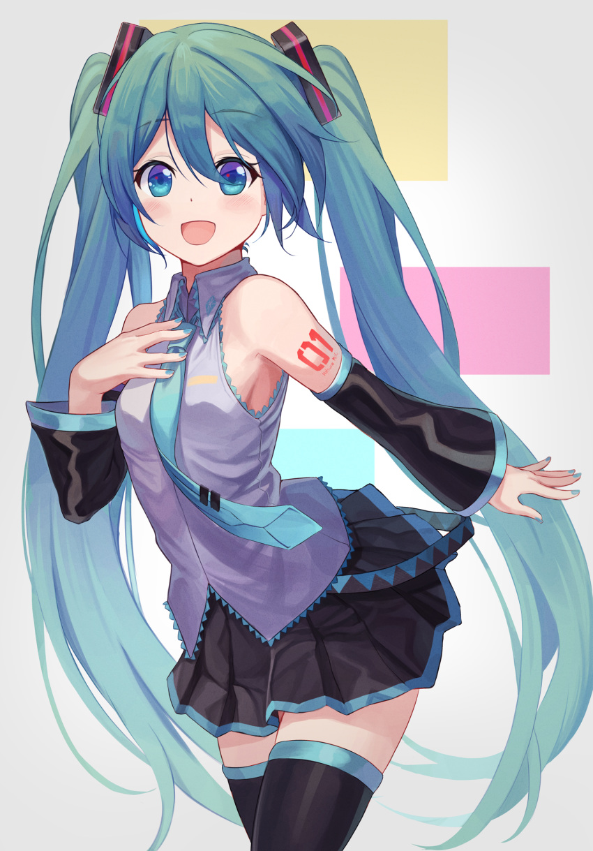 1girl :d bangs bare_shoulders bibboss39 black_legwear black_skirt black_sleeves blue_eyes blue_hair blue_nails blue_neckwear blush collared_shirt cowboy_shot detached_sleeves eyebrows_visible_through_hair grey_shirt hatsune_miku highres leaning_forward long_hair long_sleeves looking_at_viewer miniskirt multicolored multicolored_background nail_polish necktie open_mouth pleated_skirt shirt skirt smile solo thigh-highs twintails very_long_hair vocaloid zettai_ryouiki