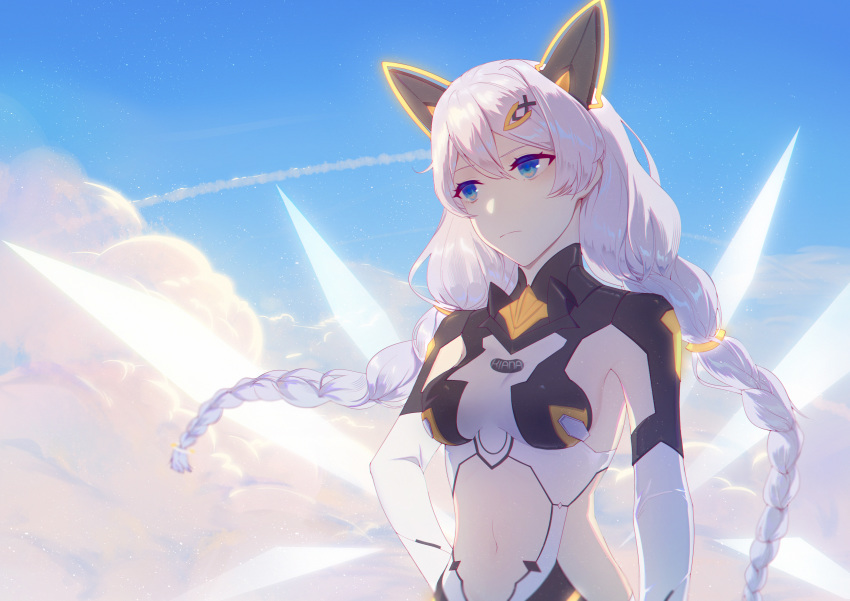 1girl :| absurdres blue_eyes blue_sky braid breasts closed_mouth cumulonimbus_cloud energy_wings hair_ornament high_collar highres honkai_(series) honkai_impact_3rd kiana_kaslana kiana_kaslana_(knight_moonbeam) long_hair medium_breasts name_tag scenery silence_(pixiv18541142) silver_hair sky solo stomach_cutout twin_braids very_long_hair