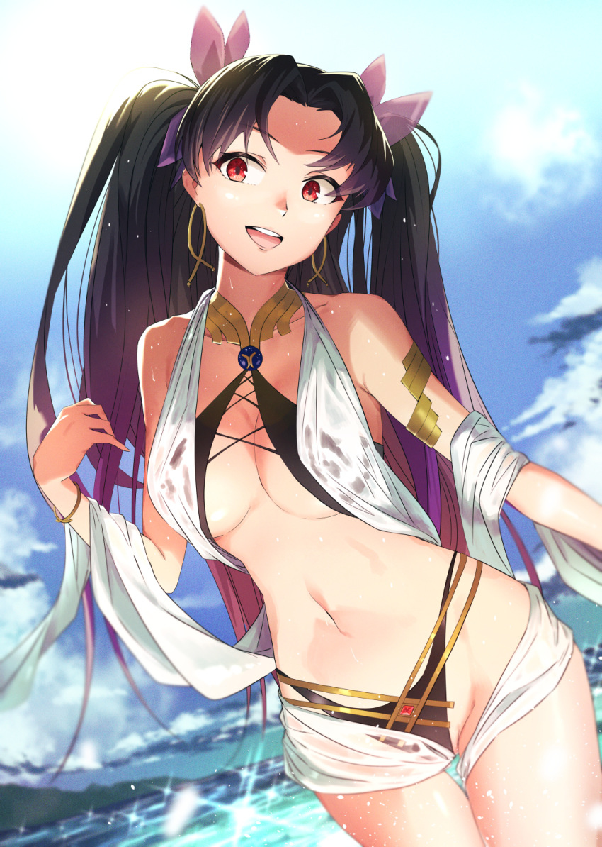 1girl armlet artist_request bikini black_hair bracelet commentary commentary_request earrings fate/grand_order fate_(series) hair_ornament hair_ribbon highres hoop_earrings ishtar_(fate)_(all) ishtar_(fate/grand_order) jewelry long_hair looking_to_the_side navel neck_ring open_mouth red_eyes ribbon solo summer swimsuit twintails