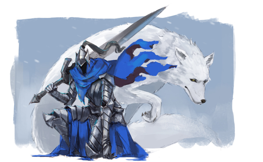 1boy animal arm_at_side armor artorias_the_abysswalker black_sclera blue_background blue_cape border breastplate cape capelet chinese_commentary dark_souls faceless faceless_male facing_viewer faulds full_armor full_body gauntlets great_grey_wolf_sif greatsword greaves helmet holding holding_sword holding_weapon hood hood_up knight one_knee over_shoulder pauldrons plume shoulder_armor souls_(from_software) sword waist_cape weapon white_border wolf xuetu13 yellow_eyes