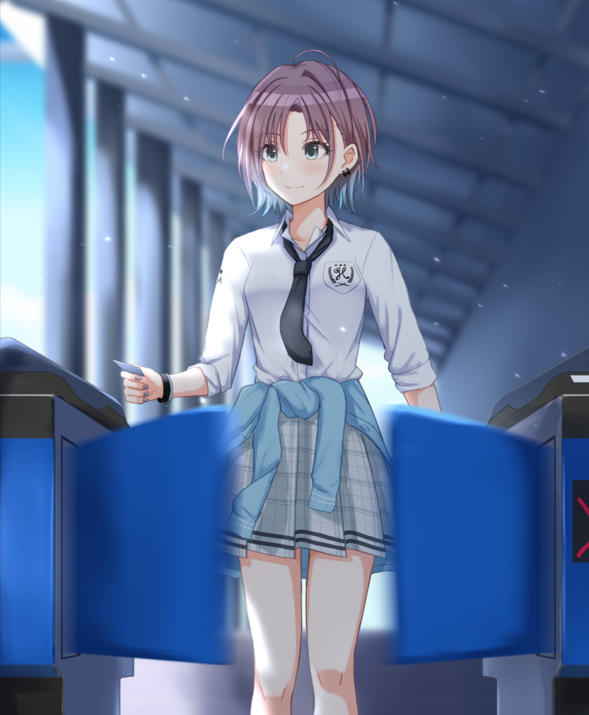 1girl antenna_hair asakura_tooru bangs bare_legs black_neckwear blue_eyes blue_jacket breast_pocket clothes_around_waist collar collared_shirt ear_piercing eyebrows_visible_through_hair fare_gate gate grey_skirt highres idolmaster idolmaster_shiny_colors jacket jacket_around_waist justice/ryo light_blush multicolored_hair nail_polish necktie outdoors parted_bangs piercing plaid plaid_skirt pleated_skirt pocket school_uniform shirt short_hair skirt sleeves_rolled_up smile solo ticket train_station two-tone_hair watch white_collar wristband