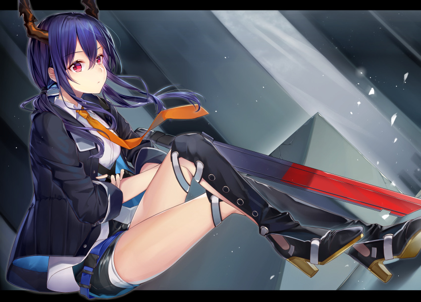 1girl arknights black_footwear black_jacket black_shorts blue_hair ch'en_(arknights) collared_shirt dragon_horns hair_over_shoulder high_heels highres horns ion_(on01e) jacket letterboxed long_hair long_sleeves low_twintails necktie open_clothes open_jacket red_eyes shirt short_shorts shorts sitting solo sword thighs twintails weapon white_shirt
