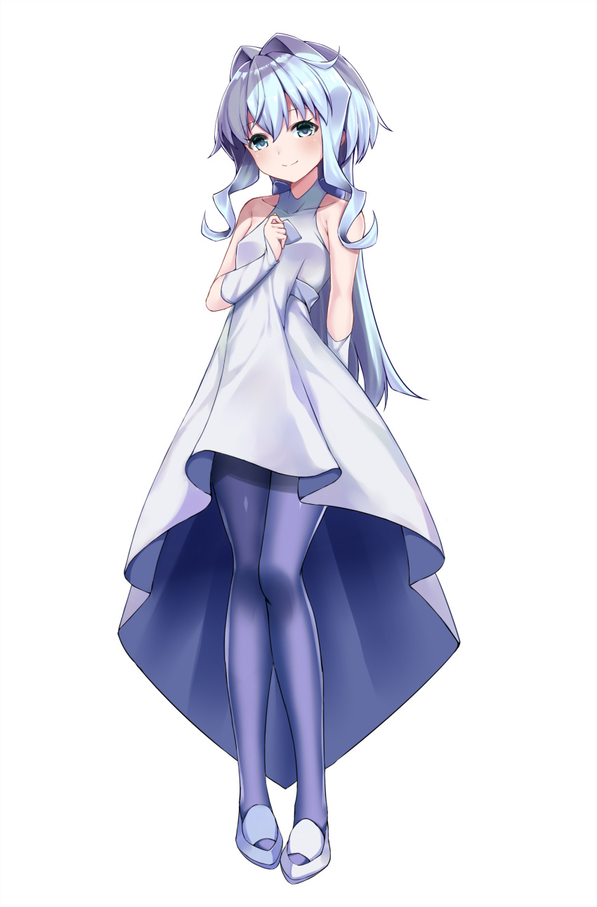 1girl arm_behind_back blue_eyes blue_hair blue_legwear dress female full_body gundam gundam_build_divers hair_intakes hand_on_own_chest highres long_hair pantyhose sara_(gundam_build_divers) shimo_(shimo_00) shoes simple_background sleeveless sleeveless_dress smile solo white_background white_dress white_footwear