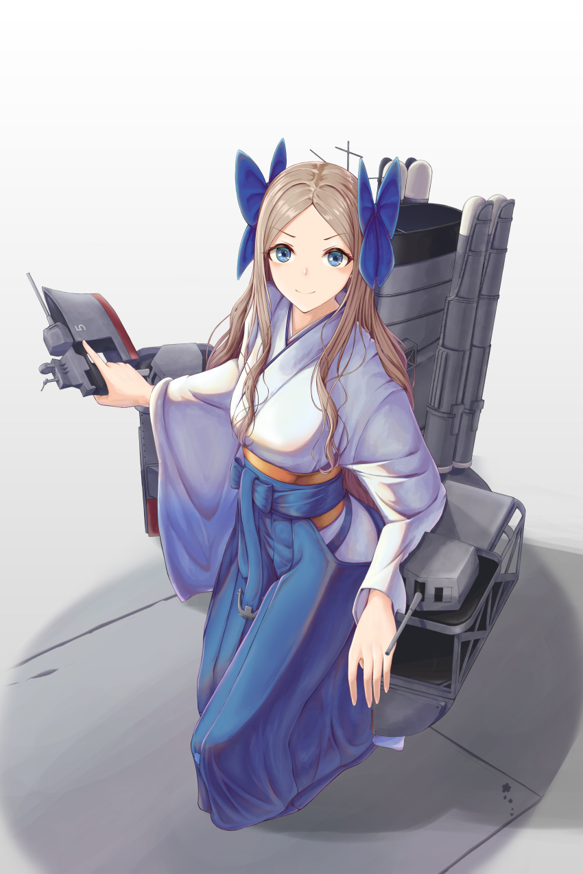 1girl absurdres adapted_turret asakaze_(kantai_collection) bangs blue_bow blue_hakama bow cannon forehead from_above hakama highres japanese_clothes kantai_collection kimono light_brown_hair looking_at_viewer maki23workbox meiji_schoolgirl_uniform parted_bangs rigging smile smokestack solo torpedo torpedo_tubes turret wavy_hair white_kimono wide_sleeves