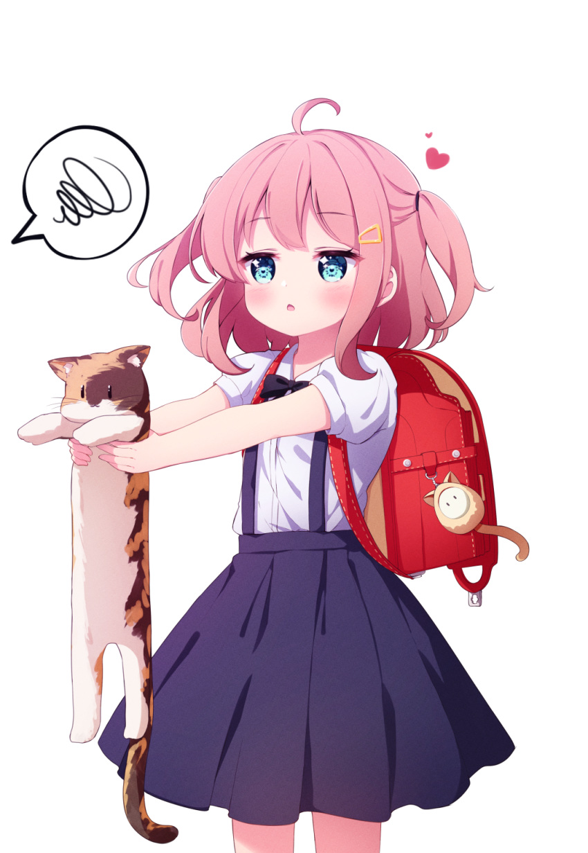 1girl :o ahoge animal backpack bag bag_charm bangs black_neckwear blue_eyes blue_skirt blush bow bowtie cat charm_(object) collared_shirt dress_shirt eyebrows_visible_through_hair hair_ornament hairclip heart highres holding holding_animal longcat original outstretched_arms parted_lips pink_hair pleated_skirt puffy_short_sleeves puffy_sleeves randoseru setmen shirt short_sleeves simple_background skirt solo spoken_squiggle squiggle standing suspender_skirt suspenders two_side_up white_background white_shirt