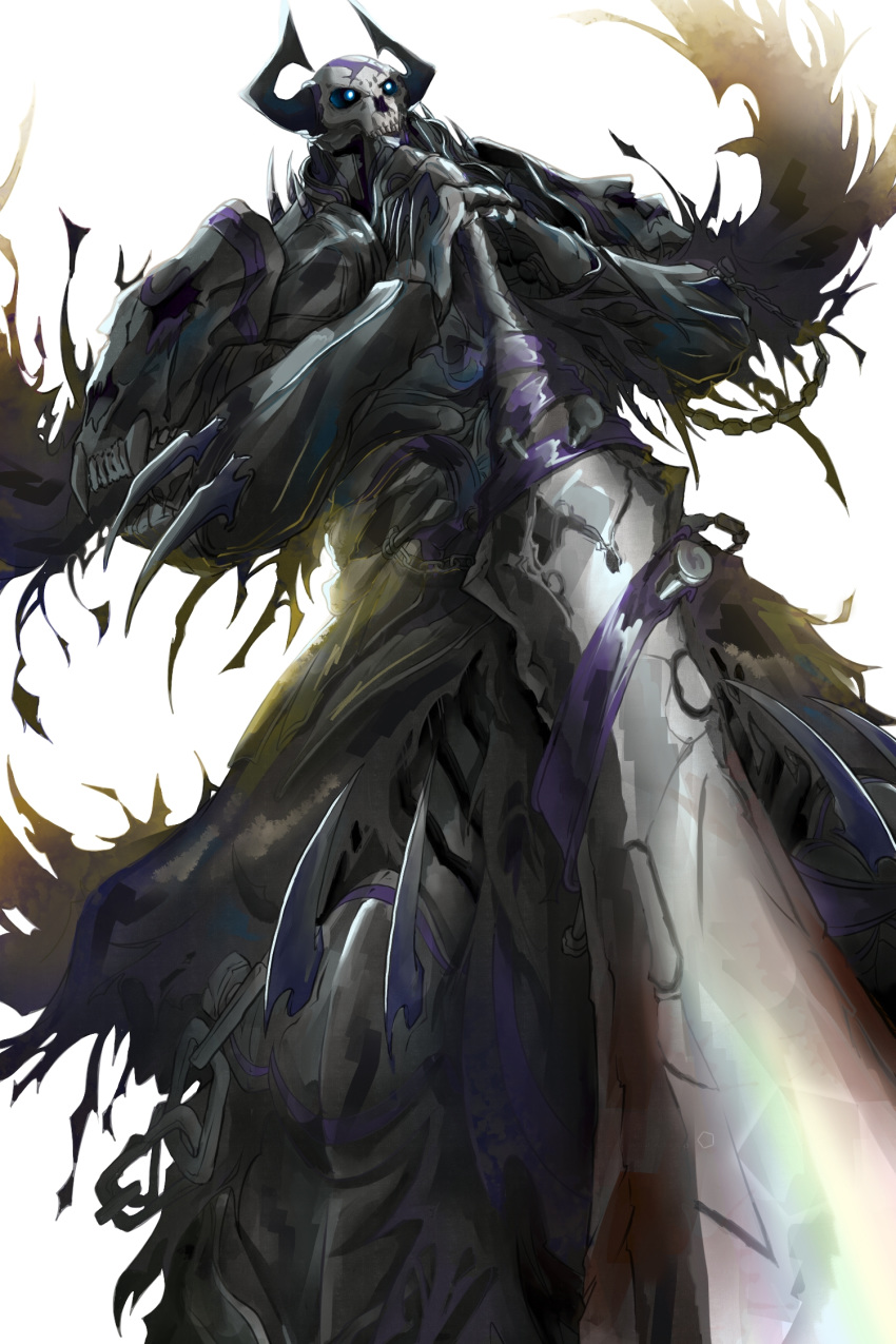 1boy armor black_armor black_horns blue_eyes blue_fire burning fate/grand_order fate_(series) fire flame flaming_eye glowing glowing_eyes highres holding holding_sword holding_weapon horns king_hassan_(fate/grand_order) male_focus ru_251 simple_background skull skull_mask solo spikes sword upper_body weapon