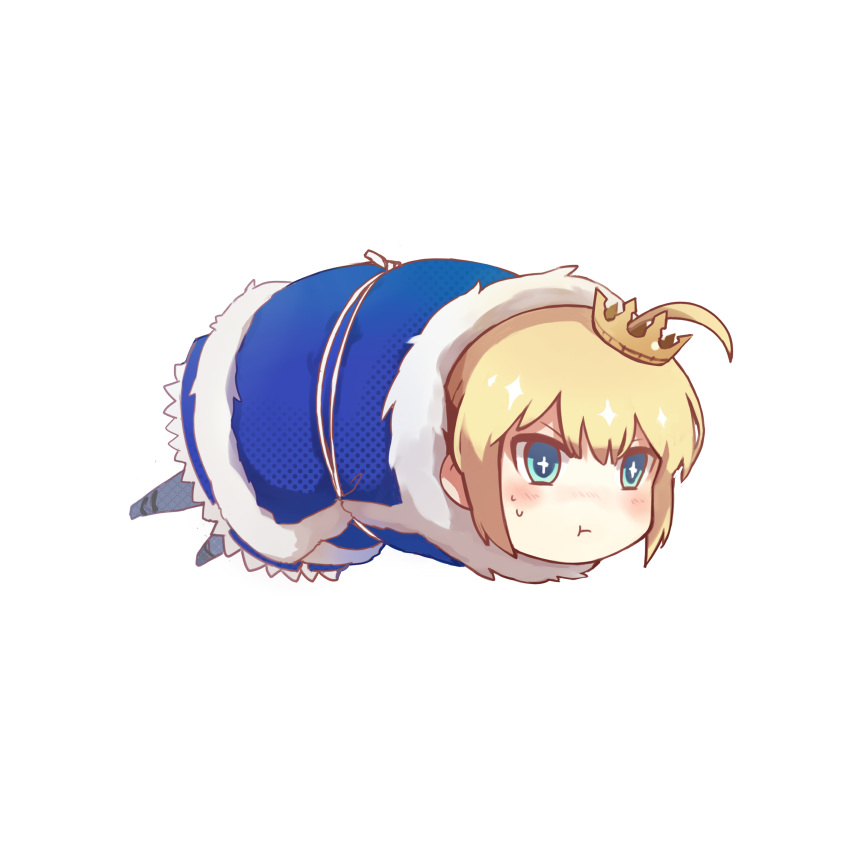 1girl absurdres ahoge artoria_pendragon_(all) blonde_hair blue_eyes blush bound chibi commentary_request crown fate/stay_night fate_(series) highres pout ravie saber simple_background solo sweatdrop tied_up white_background
