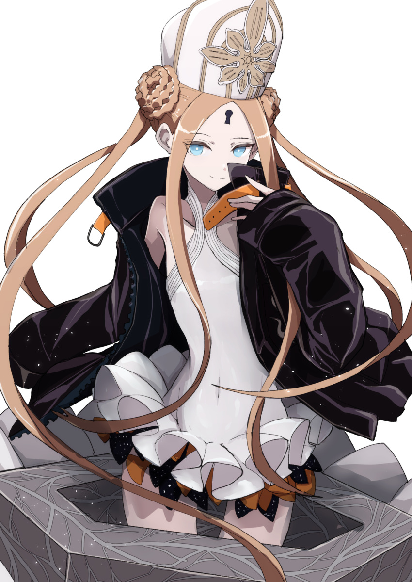 1girl abigail_williams_(fate/grand_order) abigail_williams_(swimsuit_foreigner)_(fate) bangs black_jacket blonde_hair blue_eyes boushi-ya covered_navel double_bun fate/grand_order fate_(series) frilled_swimsuit frills hat highres jacket keyhole long_hair long_sleeves mitre one-piece_swimsuit parted_bangs sidelocks simple_background smile solo swimsuit very_long_hair white_background white_swimsuit