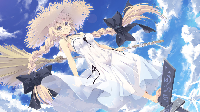 1girl bangs bare_shoulders barefoot black_bow blonde_hair bow braid choker day dress eyebrows_visible_through_hair glasses hair_bow hat highres long_hair looking_at_viewer original outdoors satomi solo standing standing_on_one_leg sun_hat twin_braids twintails violet_eyes white_dress wind_turbine windmill