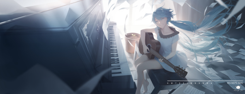 1girl artist_name bangs blue_eyes blue_hair commentary_request dress eyebrows_visible_through_hair floating_hair flower_pot grin guitar hair_between_eyes hatsune_miku highres holding holding_instrument instrument long_hair low_twintails on_bench piano piano_bench plant potted_plant sheet_music short_sleeves signature sitting smile solo spencer_sais twintails very_long_hair vocaloid white_dress