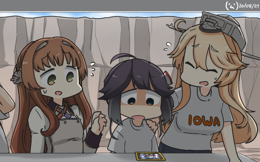 4girls ahoge bangs blonde_hair breasts brown_hair cellphone closed_eyes clothes_writing dated eyebrows_visible_through_hair flying_sweatdrops hair_ribbon hamu_koutarou hand_on_another's_shoulder hayanami_(kantai_collection) headgear helena_(kantai_collection) highres iowa_(kantai_collection) kantai_collection large_breasts long_hair long_sleeves multiple_girls open_mouth outdoors phone ponytail purple_hair ribbon shirt short_sleeves side_ponytail signature smartphone sweat white_shirt