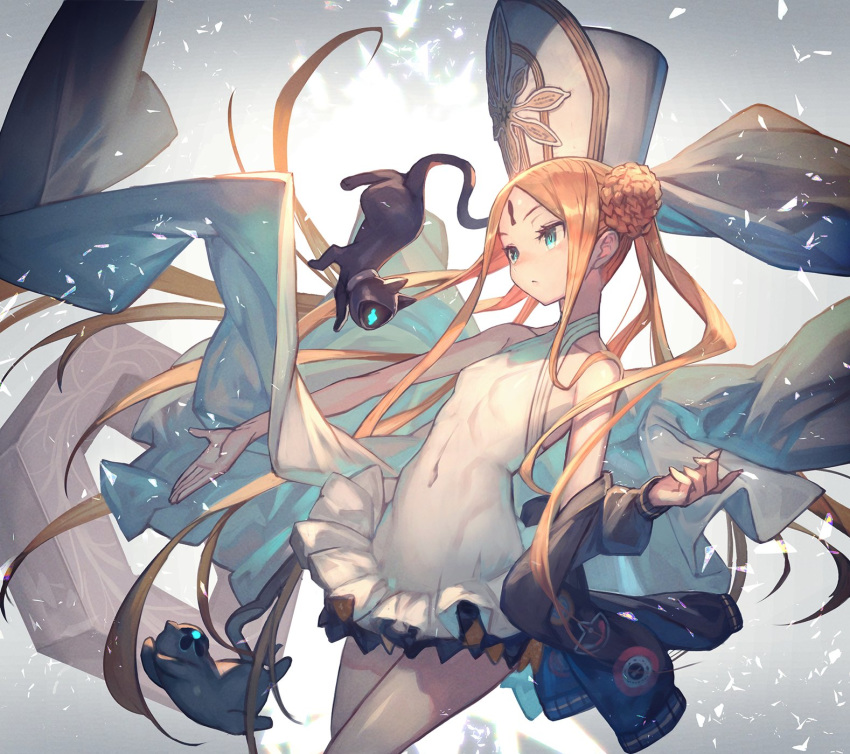 1girl abigail_williams_(fate/grand_order) abigail_williams_(swimsuit_foreigner)_(fate) bangs black_jacket blonde_hair blue_eyes cat covered_navel creature double_bun expressionless fate/grand_order fate_(series) floating_clothes frilled_swimsuit frills glowing hat highres jacket keyhole lack long_hair long_sleeves mitre one-piece_swimsuit parted_bangs sidelocks simple_background smile solo swimsuit very_long_hair white_background white_swimsuit