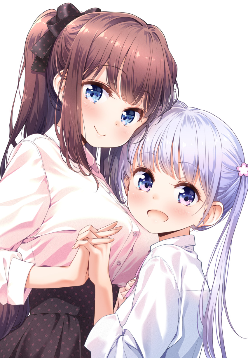 2girls bangs blue_eyes blunt_bangs breasts brown_hair flower hair_flower hair_ornament hair_ribbon high-waist_skirt highres holding_hands interlocked_fingers large_breasts long_hair looking_at_viewer multiple_girls new_game! official_art open_mouth ponytail purple_hair ribbon shirt sidelocks skirt sleeves_past_elbows suzukaze_aoba takimoto_hifumi tokunou_shoutarou twintails violet_eyes white_background white_shirt