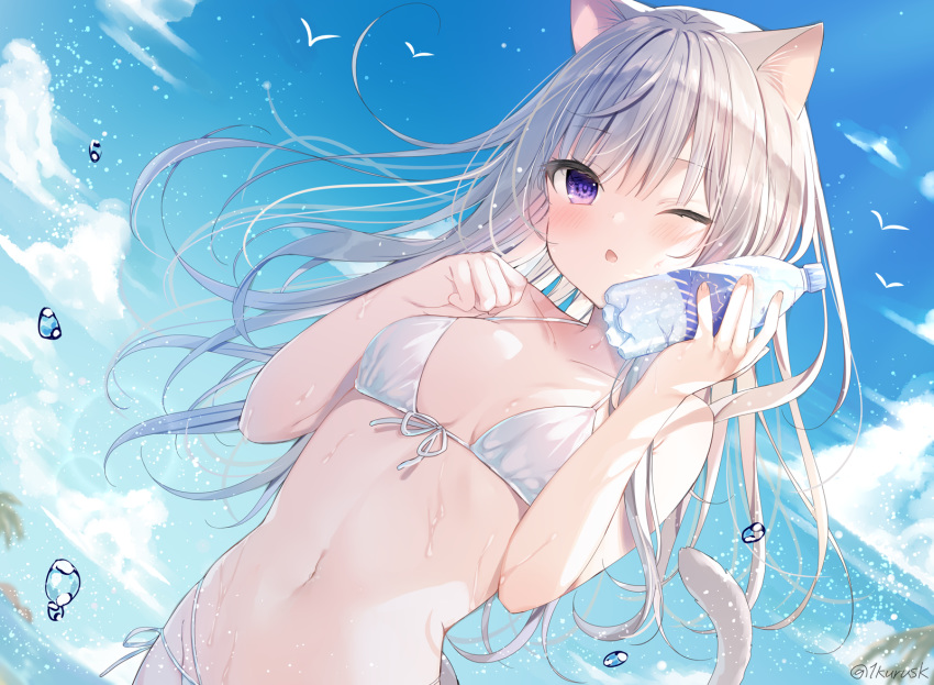 1girl ;o animal_ears bangs bare_arms bare_shoulders bikini bird blue_sky blush bottle breasts cat_ears cat_girl cat_tail clouds collarbone commentary_request day dutch_angle eyebrows_visible_through_hair front-tie_bikini front-tie_top grey_hair hands_up highres holding long_hair looking_at_viewer mafuyu_(chibi21) navel ocean one_eye_closed open_mouth original outdoors seagull side-tie_bikini sky small_breasts solo sunlight swimsuit tail tail_raised upper_body violet_eyes water water_bottle water_drop white_bikini