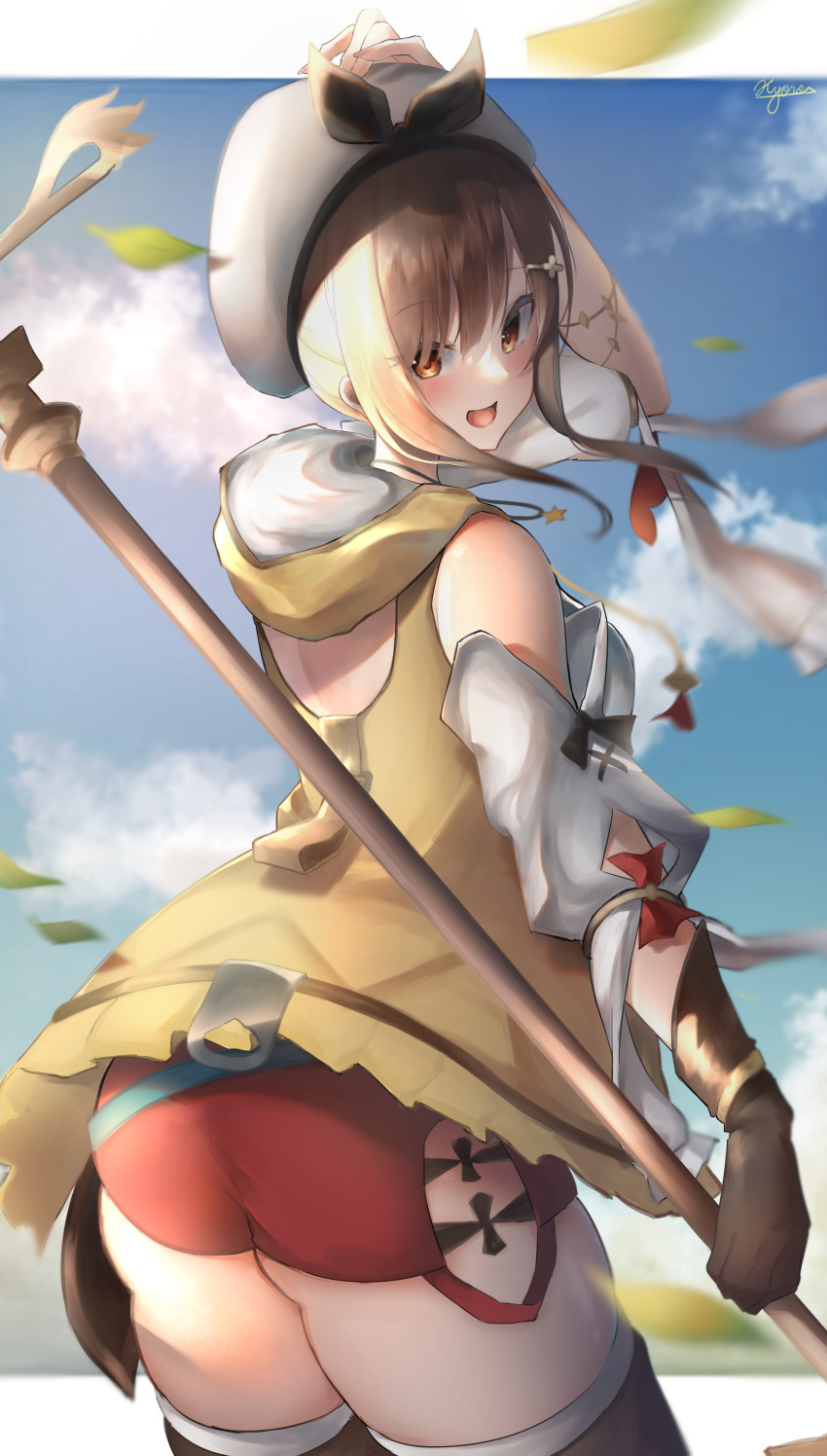 1girl absurdres ass atelier_(series) atelier_ryza back_cutout bare_shoulders belt blowing_leaves blue_belt blush breasts brown_eyes brown_gloves brown_hair detached_sleeves gloves hair_ornament hairclip hat highres holding holding_clothes holding_hat holding_staff jacket jewelry kyoro_ina looking_at_viewer looking_back necklace open_mouth red_shorts reisalin_stout short_hair short_shorts shorts side_slit side_slit_shorts signature skindentation sleeveless sleeveless_jacket smile solo staff star_(symbol) star_necklace thigh-highs thighs white_headwear yellow_jacket