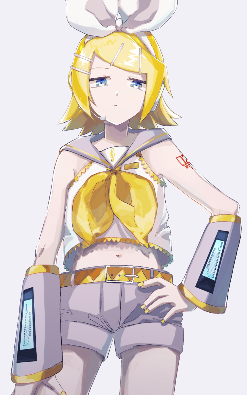 1girl arm_warmers bangs bare_shoulders belt blonde_hair blue_eyes bow commentary cowboy_shot crop_top grey_background grey_shorts grey_sleeves hair_bow hair_ornament hairclip half-closed_eyes hand_on_hip headphones headset highres kagamine_rin light_frown looking_down midriff nail_polish navel neckerchief sailor_collar shimeji_(user_fkzg7225) shirt short_hair short_shorts shorts shoulder_tattoo sleeveless sleeveless_shirt swept_bangs tattoo vocaloid white_bow white_shirt yellow_nails yellow_neckwear