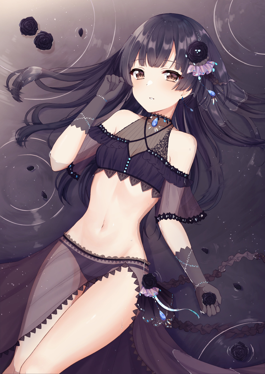 1girl absurdres bangs black_bra black_flower black_gloves black_hair black_panties black_rose bra breasts brown_eyes collarbone earrings flower gloves hair_flower hair_ornament highres idolmaster idolmaster_shiny_colors jewelry long_hair lying mayuzumi_fuyuko mochiko_(uyu_omochi) navel necklace on_back panties parted_lips rose see-through shiny shiny_hair small_breasts solo thigh_gap underwear underwear_only