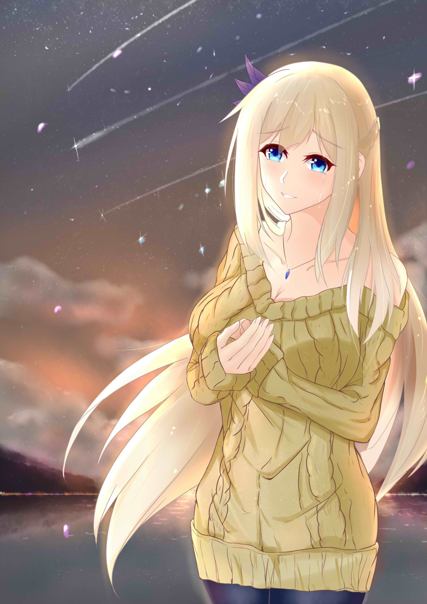 1girl absurdres blonde_hair blue_eyes blush breasts clouds cloudy_sky collarbone denim eyebrows_visible_through_hair hair_ribbon highres hiroshi_(2443303124) holding_hands jeans jewelry lexington_(warship_girls_r) long_hair looking_at_viewer medium_breasts necklace pants ribbon sky smile solo star_(sky) starry_sky sweater warship_girls_r water yellow_sweater