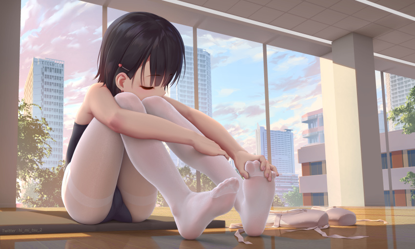 1girl athletic_leotard ballet_slippers bangs bare_arms bare_shoulders black_hair blue_sky building cityscape closed_eyes clouds commentary_request day eyebrows_visible_through_hair gym hair_ornament hairpin highres himitsu_(hi_mi_tsu_2) indoors knees_up leg_hug leotard no_shoes original pantyhose short_hair sitting sky skyscraper slippers_removed soles solo sunlight thighband_pantyhose toes tree twitter_username white_legwear window