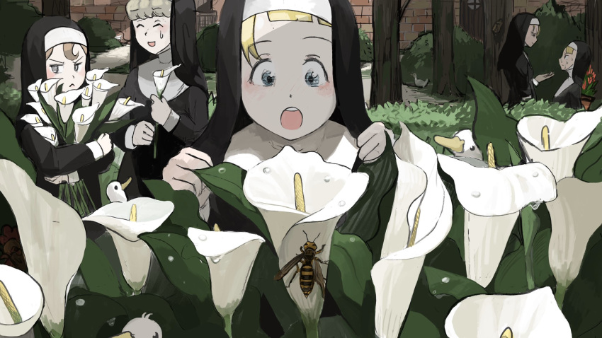 5girls :&lt; :d ^_^ bird blonde_hair blue_eyes blush brick_wall brown_eyes brown_hair bush catholic chicken chili_pepper closed_eyes commentary dew_drop diva_(hyxpk) door duck english_commentary flower habit hand_up hiding highres holding holding_flower hornet leaf lily_(flower) multiple_girls nun object_behind_back object_hug open_mouth original paper_airplane plant potted_plant round_teeth smile sweat sweatdrop sweating_profusely teeth tree wall water_drop wooden_door