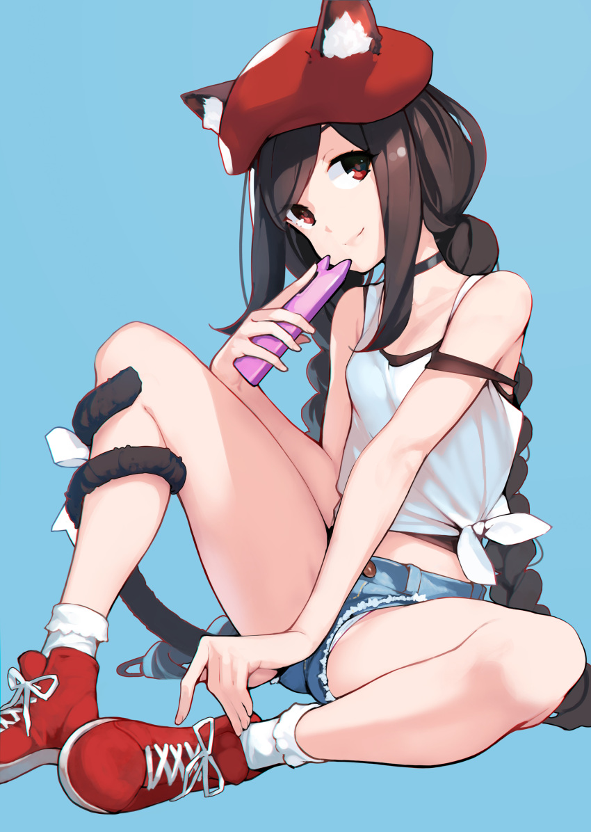 1girl absurdres animal_ears ataruman bare_arms bare_legs bare_shoulders beret black_choker black_hair blue_background blue_shorts braid cat_ears cat_girl cat_tail choker crop_top cutoffs denim denim_shorts ears_through_headwear flower hat highres holding knee_up long_hair looking_at_viewer luna_skylark micro_shorts midriff original panties panty_peek red_eyes red_flower red_headwear shirt shoes shorts simple_background sleeveless sleeveless_shirt smile sneakers socks solo tail thighs tied_shirt twin_braids twintails underwear very_long_hair white_legwear white_shirt