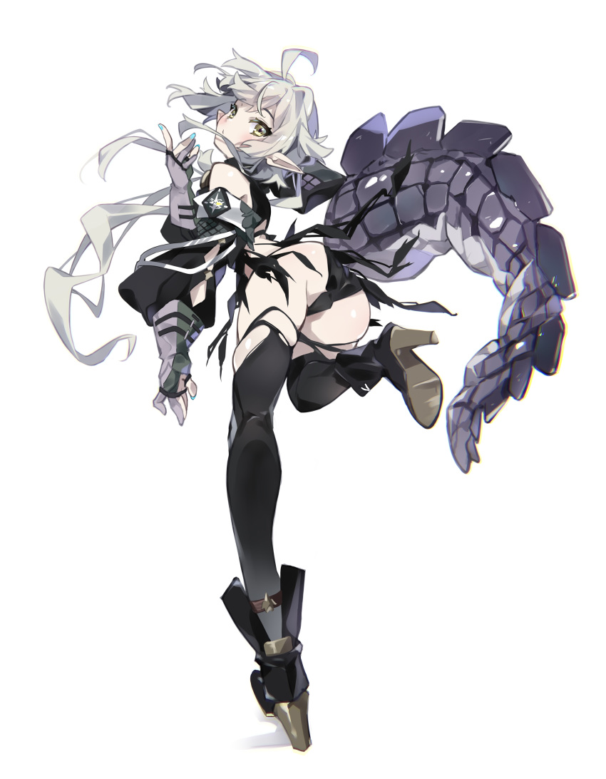 1girl absurdres arknights ass bent_over black_footwear black_legwear crocodilian_tail detached_sleeves from_behind full_body gloves grey_hair hayakawa_harui high_heels highres large_tail leg_up long_hair long_legs long_sleeves looking_at_viewer looking_back partly_fingerless_gloves pointy_ears simple_background solo tail thigh-highs tomimi_(arknights) torn_clothes torn_legwear white_background yellow_eyes