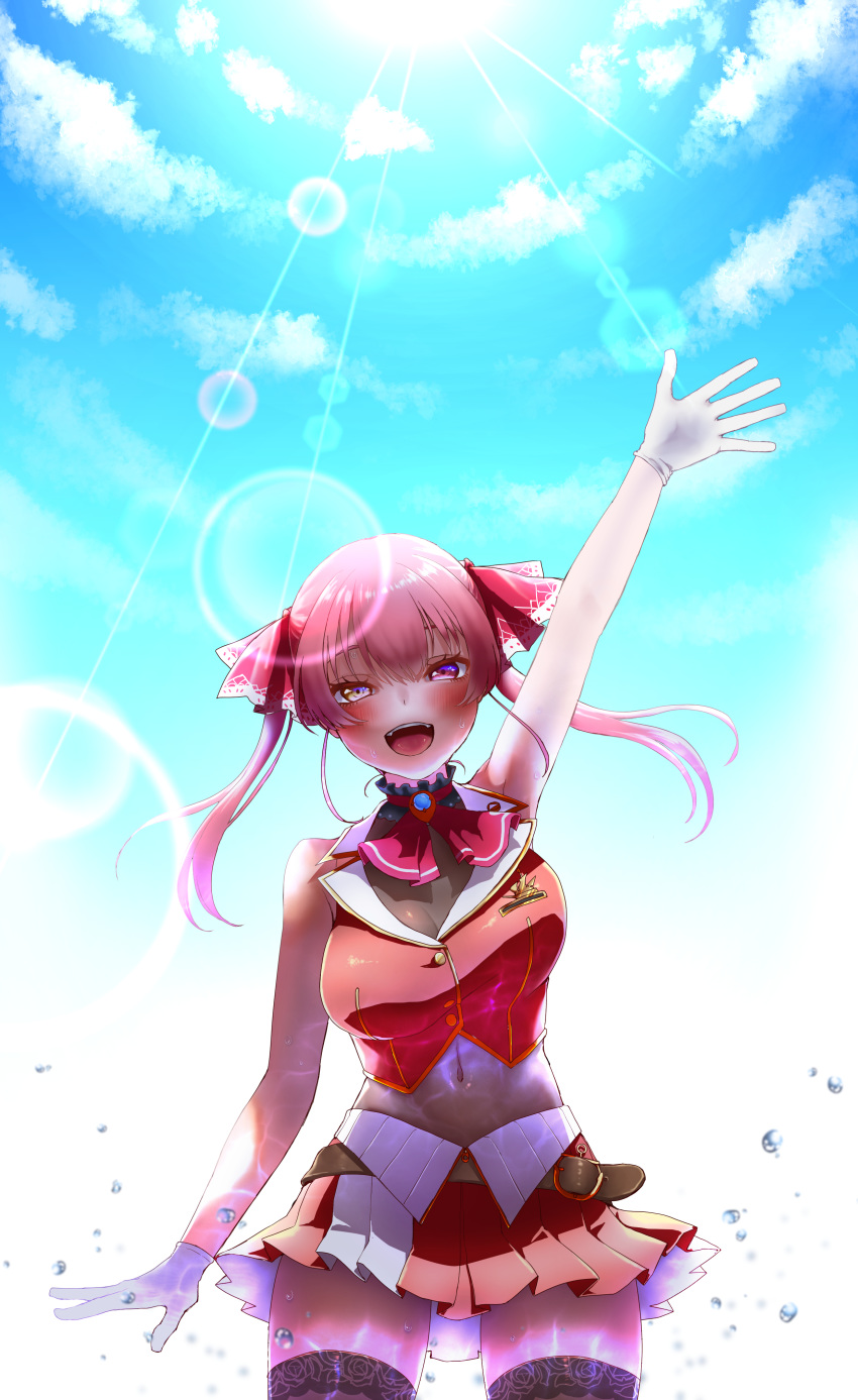 1girl absurdres arm_up bangs bare_shoulders belt blue_sky bodystocking breasts brown_belt buttons clouds covered_navel cowboy_shot day gloves hair_ribbon heterochromia highres hololive houshou_marine large_breasts legs_apart long_hair looking_at_viewer minazukio9 miniskirt outdoors pink_eyes pink_hair pink_ribbon pleated_skirt red_skirt ribbon skirt sky solo teeth thigh-highs twintails virtual_youtuber water white_gloves yellow_eyes