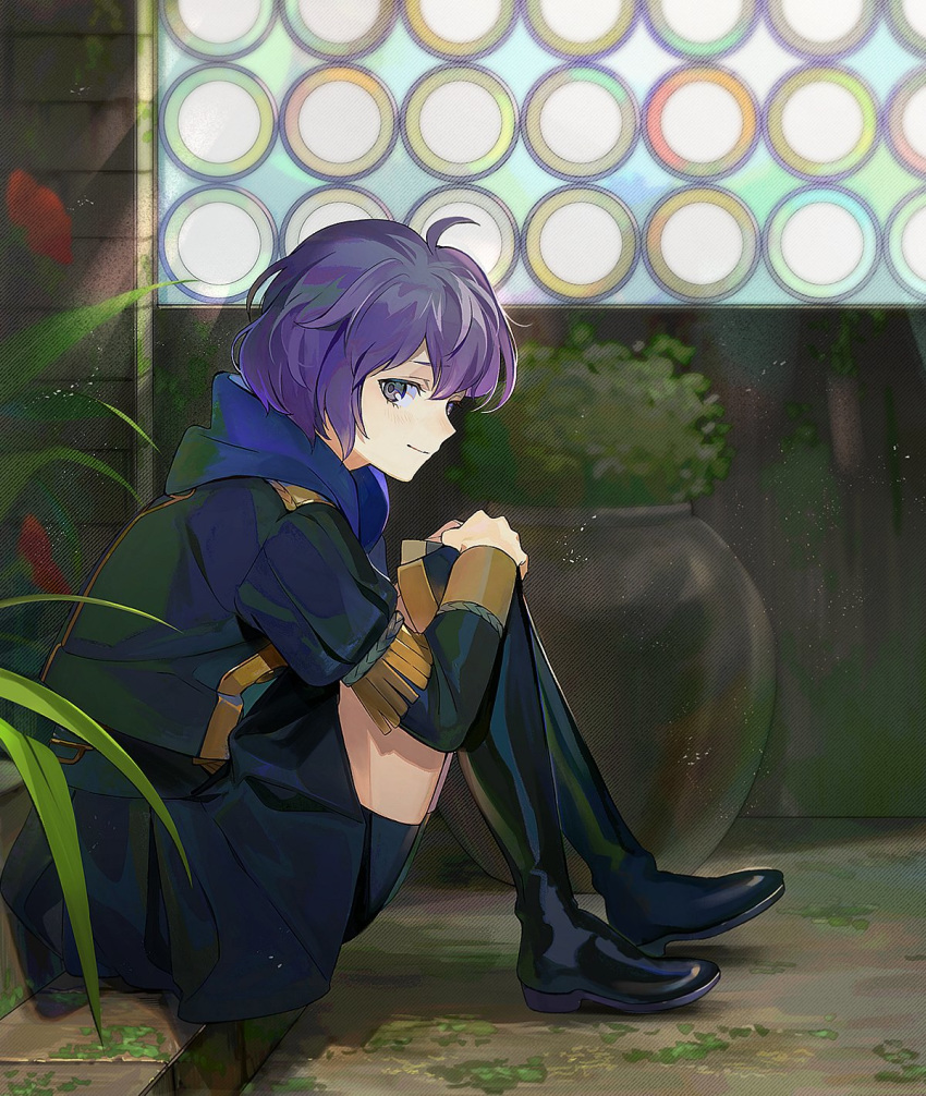 1girl bernadetta_von_varley bike_shorts boots closed_mouth fire_emblem fire_emblem:_three_houses from_side garreg_mach_monastery_uniform grey_eyes highres hood hood_down knees_up kyufe long_sleeves looking_to_the_side purple_hair short_hair sitting solo uniform