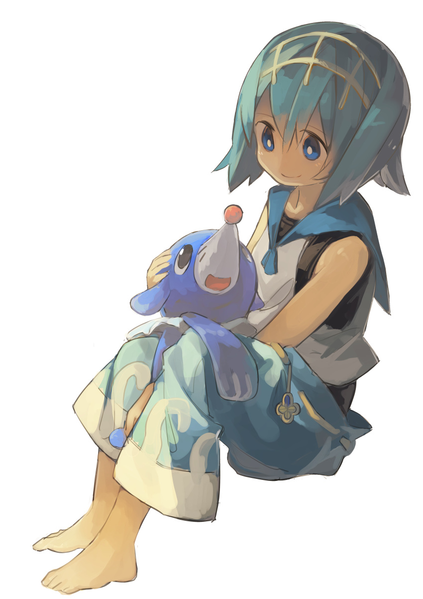 1girl absurdres bangs barefoot blue_eyes blue_hair blue_pants blue_sailor_collar closed_mouth commentary_request gen_7_pokemon gold_hairband hair_between_eyes hairband highres holding holding_pokemon looking_down one-piece_swimsuit pants pokemon pokemon_(creature) pokemon_(game) pokemon_sm popplio sailor_collar sleeveless smile suiren_(pokemon) swimsuit swimsuit_under_clothes toes white_background yomiclone