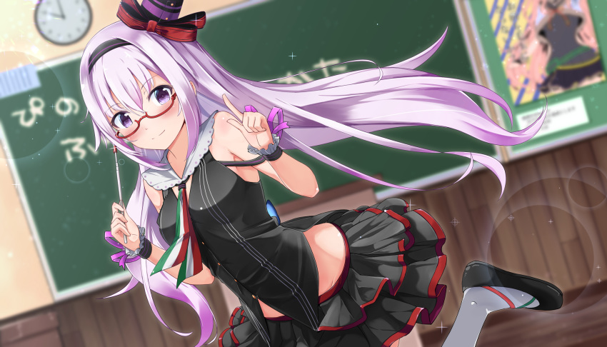 .live 1girl bespectacled blurry blurry_background breasts carro_pino chalkboard commentary_request glasses hat headband highres leg_up long_hair looking_at_viewer namae_hamada purple_hair sleeveless solo violet_eyes virtual_youtuber