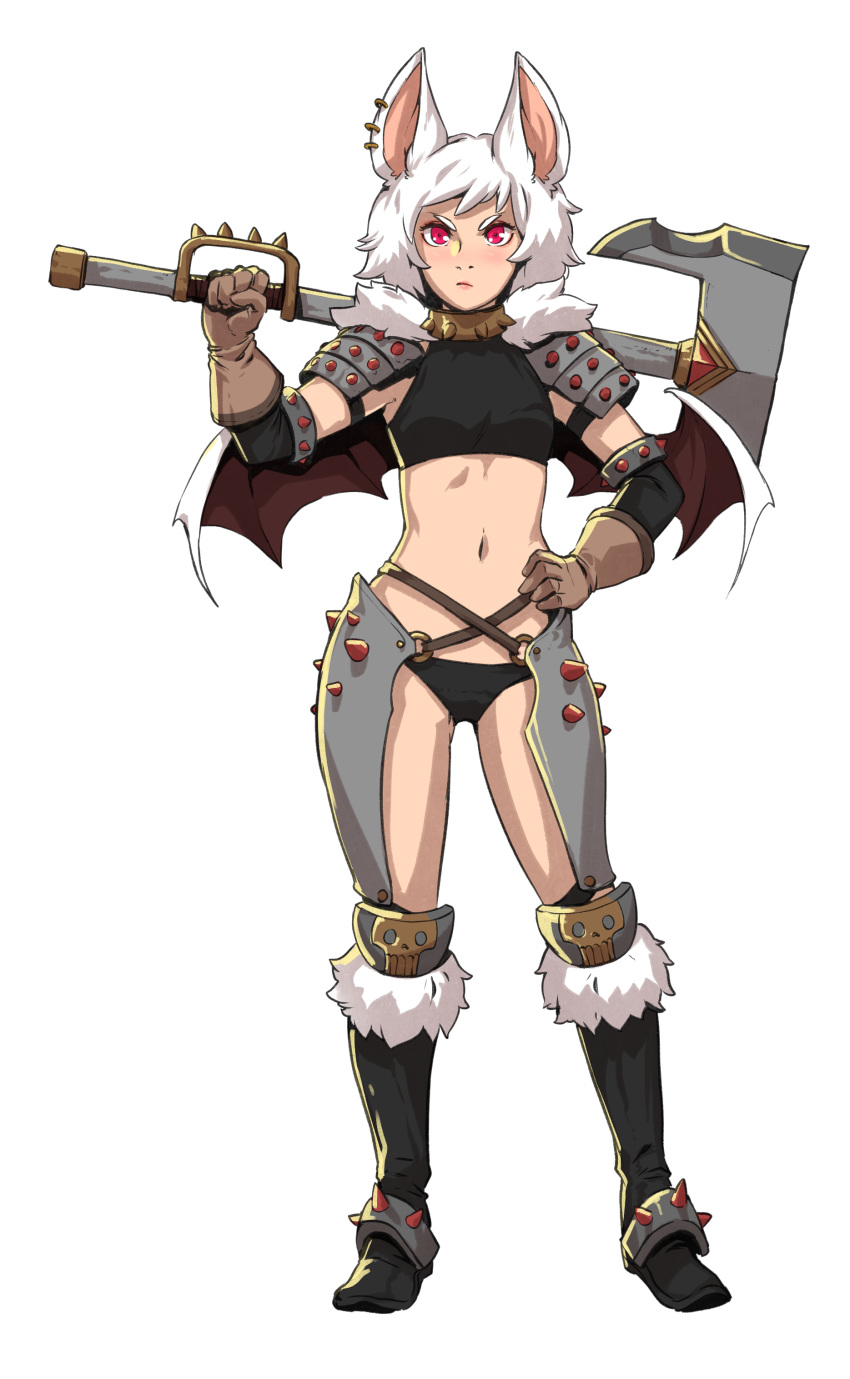 &gt;:( 1girl absurdres animal_ears armor armored_legwear bikini_armor black_footwear black_panties boots breasts brown_gloves bunny_(d-rex) bunny_girl commentary crop_top d-rex demon_wings full_body fur_boots fur_trim gloves hand_on_hip highres holding looking_at_viewer navel o-ring o-ring_bottom original over_shoulder panties red_eyes serious short_hair shoulder_armor shoulder_spikes small_breasts solo spiked_boots spikes standing transparent_background underwear v-shaped_eyebrows weapon weapon_over_shoulder white_background white_hair wings