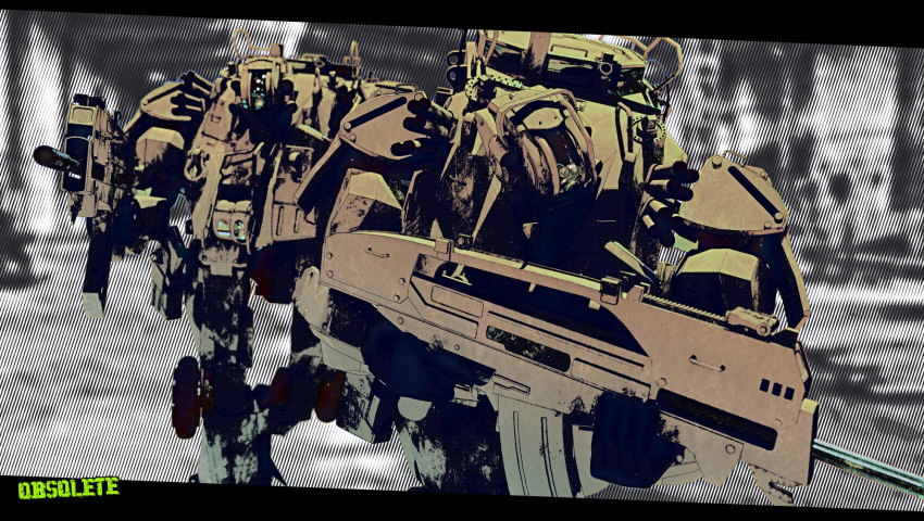 arex-03_toad copyright_name glowing glowing_eye gun highres holding holding_gun holding_weapon ishiwata_makoto looking_at_viewer looking_to_the_side mecha military no_humans obsolete running weapon wheel