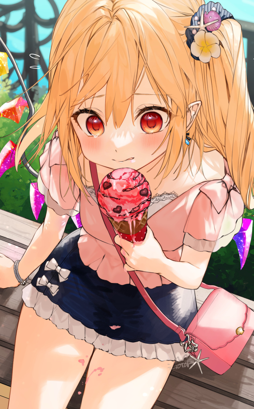 1girl alternate_costume artist_name bag bangs bench blonde_hair blush bow bracelet commentary_request crystal earrings flandre_scarlet flower food food_on_body gotoh510 hair_between_eyes hair_flower hair_ornament handbag highres holding holding_food ice_cream ice_cream_cone jewelry no_hat no_headwear one_side_up outdoors pointy_ears red_eyes scrunchie short_sleeves sitting skirt solo touhou white_bow wings