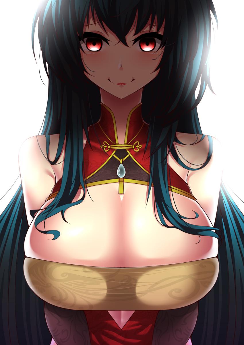 1girl absurdres azur_lane bangs bare_shoulders black_hair breast_squeeze breasts bridal_gauntlets china_dress chinese_clothes cleavage_cutout creepy_eyes crossed_bangs cutout_above_navel dress empty_eyes evil_smile h.carrrrrrot highres huge_breasts long_hair looking_at_viewer red_eyes red_lips simple_background smile solo taihou_(azur_lane) taihou_(phoenix's_spring_song)_(azur_lane) very_long_hair white_background yandere