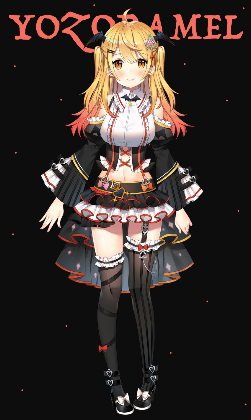 1girl absurdres ahoge asymmetrical_legwear ayamy bare_shoulders black_background black_footwear black_legwear black_skirt black_sleeves blonde_hair blush breasts commentary_request crop_top demon_girl detached_sleeves eyebrows_visible_through_hair fang frills garter_straps gradient_hair hair_between_eyes hair_ornament head_wings high_heels highres hololive layered_skirt light_particles long_hair looking_at_viewer medium_breasts midriff multicolored_hair navel pink_nails redhead shirt skin_fang skirt smile solo thigh-highs two_side_up virtual_youtuber white_shirt white_skirt yellow_eyes yozora_mel zettai_ryouiki