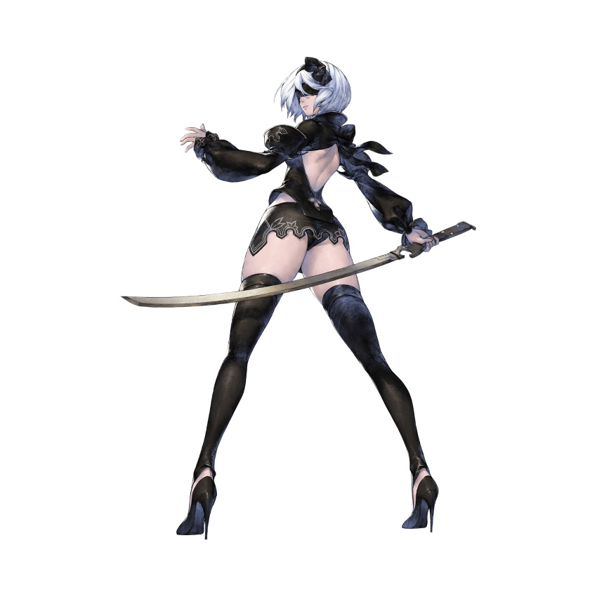 1girl ass backless_outfit bangs black_footwear black_legwear black_panties blindfold closed_mouth detached_sleeves from_behind full_body hairband high_heels highres holding holding_sword holding_weapon long_sleeves miniskirt mole mole_under_mouth nier_(series) nier_automata nier_reincarnation official_art panties short_hair simple_background skirt solo standing sword thigh-highs thighs underwear weapon white_background white_hair yorha-issue_blade yorha_no._2_type_b yoshida_akihiko