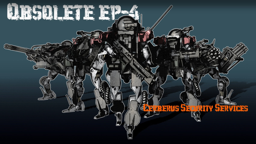 aiming copyright_name episode_number gatling_gun gun highres ishiwata_makoto looking_down mecha no_humans obsolete rifle sseex-cerberus standing walking weapon