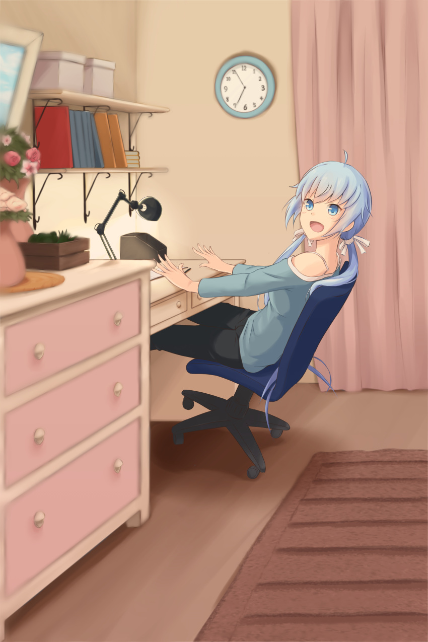 1girl absurdres blue_eyes blue_hair chair frame_arms_girl highres long_hair looking_at_viewer office_chair open_mouth sitting soanote solo stylet twintails