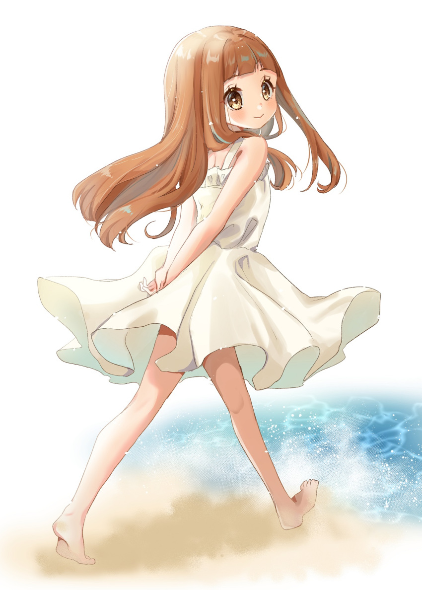1girl bangs bare_arms bare_shoulders barefoot beach blush brown_eyes brown_hair closed_mouth commentary_request dress frilled_dress frills highres ichihara_nina idolmaster idolmaster_cinderella_girls idolmaster_cinderella_girls_starlight_stage long_hair looking_at_viewer looking_back pleated_dress rino_cnc sand sleeveless sleeveless_dress smile soles solo very_long_hair walking water white_background white_dress