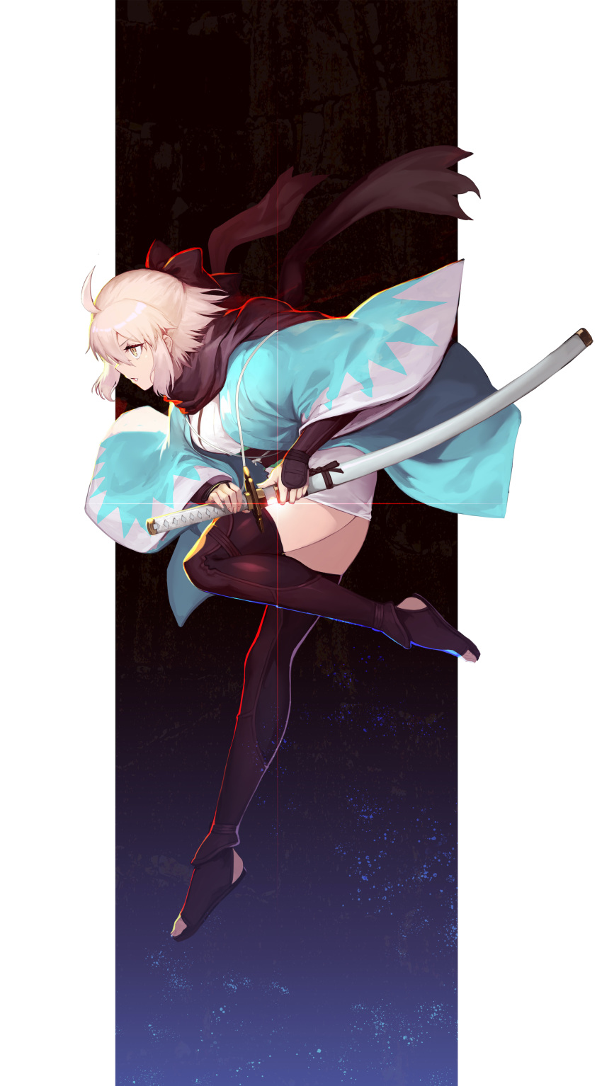 1girl absurdres ahoge bow commentary_request fate/grand_order fate_(series) full_body hair_bow highres holding holding_sword holding_weapon japanese_clothes katana kimono long_sleeves medium_hair nakamura_eight okita_souji_(fate) okita_souji_(fate)_(all) pink_hair scarf skirt solo sword thigh-highs weapon yellow_eyes