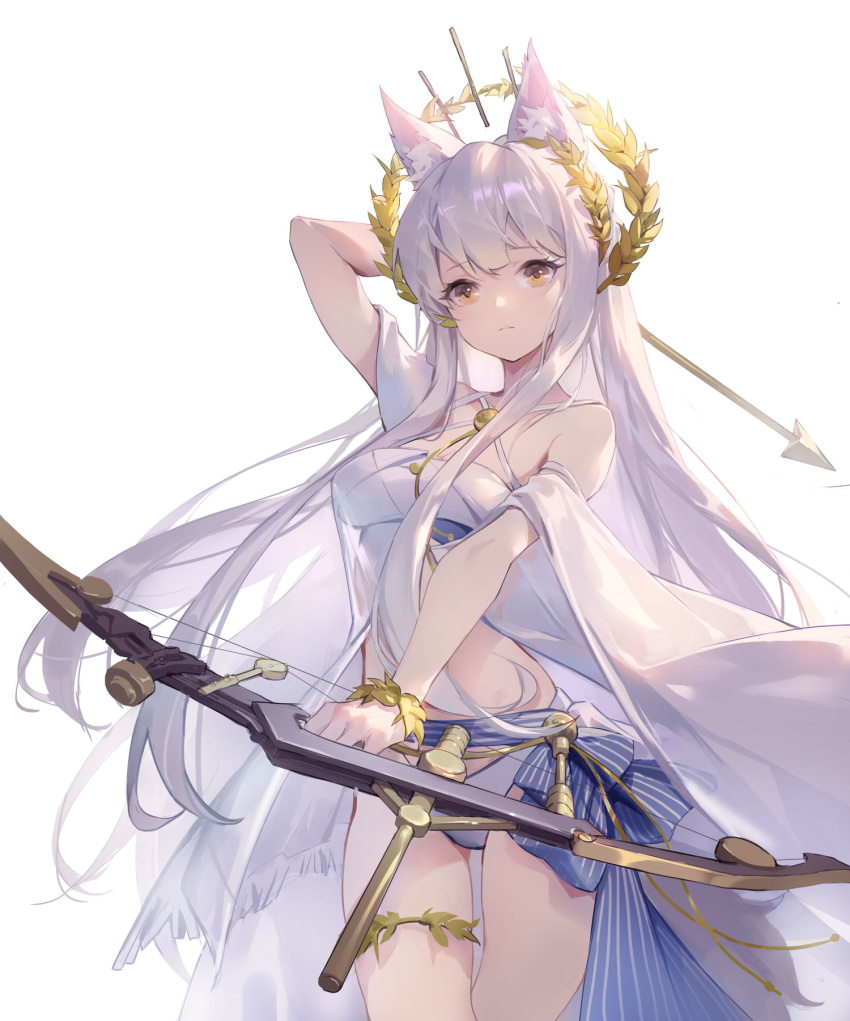 1girl animal_ear_fluff animal_ears arknights arm_up arrow_(projectile) bandeau bangs bare_shoulders bikini bow_(weapon) brown_eyes commentary cowboy_shot criss-cross_halter halterneck highres holding holding_bow_(weapon) holding_weapon kurasamerukia laurel_crown long_hair looking_at_viewer platinum_(arknights) silver_hair simple_background solo standing swimsuit thighs very_long_hair weapon white_background white_bikini