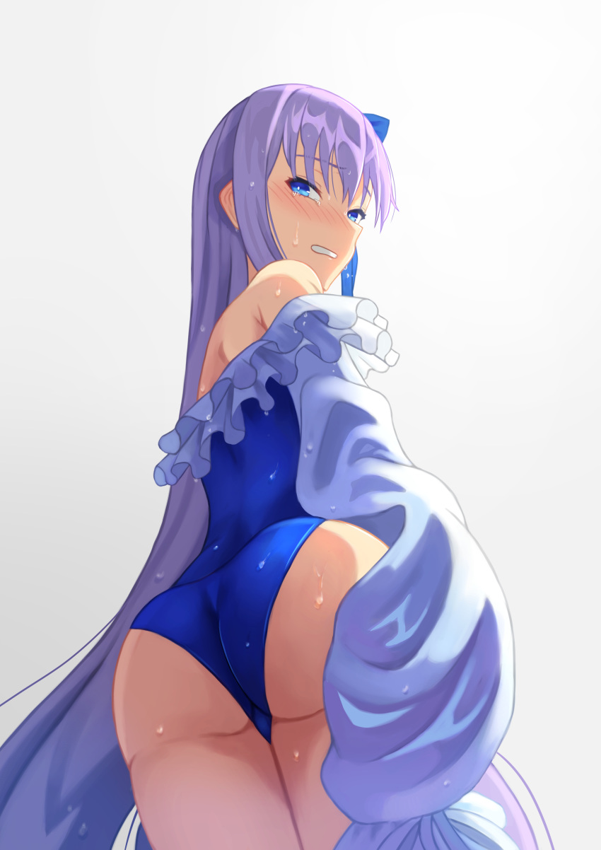 1girl absurdres ass back bangs bare_shoulders blue_eyes blue_ribbon blush breasts fate/grand_order fate_(series) frills gradient gradient_background hair_ribbon highleg highleg_swimsuit highres long_hair long_sleeves looking_at_viewer looking_back meltryllis meltryllis_(swimsuit_lancer)_(fate) off-shoulder_swimsuit one-piece_swimsuit puffy_sleeves purple_hair ribbon sleeves_past_fingers sleeves_past_wrists small_breasts swimsuit ugo_(artist) very_long_hair wet white_ribbon