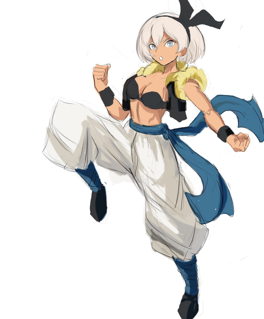1girl black_bow bow clenched_hands commission cosplay cosplay_request dragon_ball dragon_ball_z english_commentary grey_eyes hair_bow highres looking_at_viewer midriff pokemon pokemon_(game) pokemon_swsh rakeem_garcia-cueto saitou_(pokemon) short_hair sketch solo teenage tomboy white_background white_hair young
