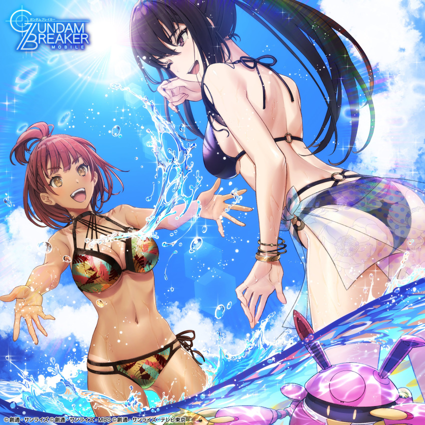 absurdres artist_request bare_arms bare_shoulders bikini black_eyes black_hair blue_sky bracelet breasts brown_eyes brown_hair clouds commentary_request day dutch_angle fang gundam_breaker_mobile halter_top halterneck highres ichinose_yuri jewelry kuzunoha_rindou large_breasts lens_flare long_hair navel official_art one_eye_closed open_mouth outdoors ponytail print_bikini short_hair sky splashing sun sunlight swimsuit tan tanline wading water wet