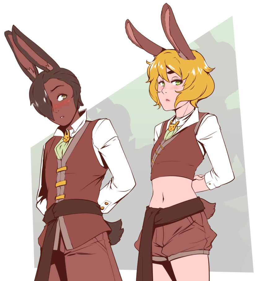 animal_ears arms_behind_back blonde_hair blush brit_(d-rex) brown_hair brown_pants brown_shorts bunny_boy bunny_girl bunny_ornament commentary cowboy_shot crop_top d-rex dark_skin dark_skinned_male green_eyes hair_over_one_eye highres long_sleeves looking_at_another midriff navel original pants rabbit_ears shirt short_hair short_shorts shorts tail vest white_shirt