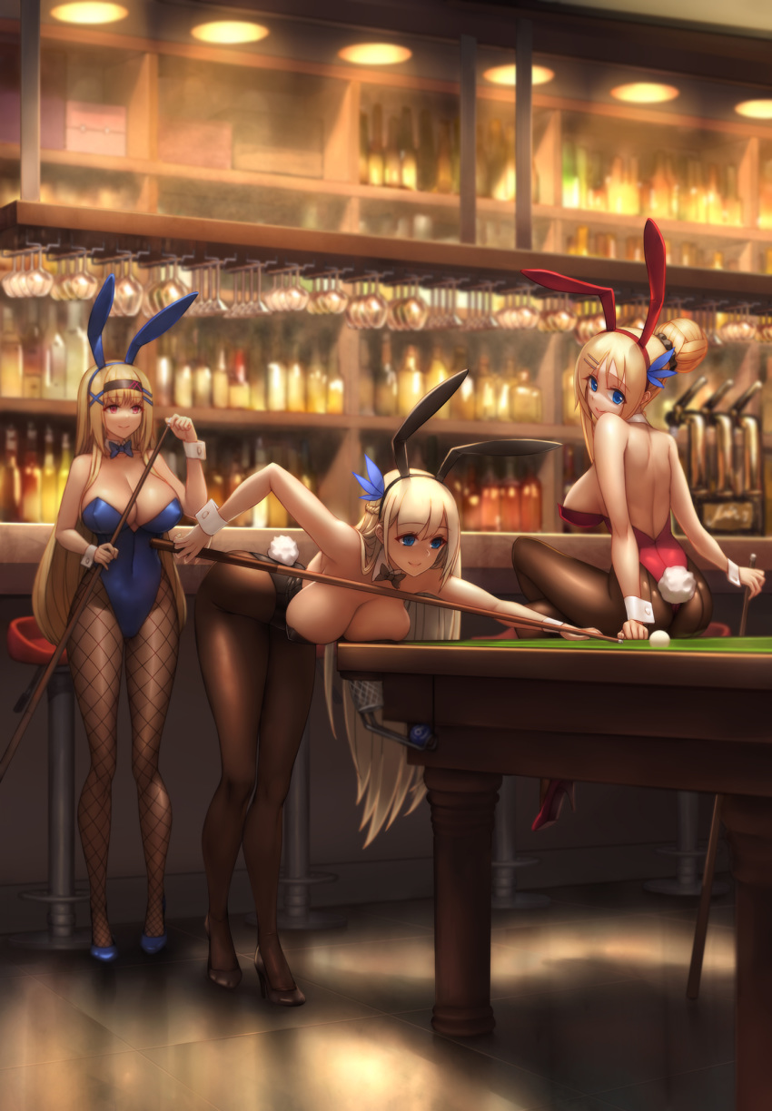 3girls alternate_costume alternate_hairstyle animal_ears ass billiards black_footwear black_hairband black_legwear black_leotard blonde_hair blue_eyes blue_footwear blue_hairband blue_leotard bow bowtie braid breasts bunny_girl bunny_tail bunnysuit constellation_(warship_girls_r) covered_navel cue_ball cue_stick detached_collar fake_animal_ears fake_tail feather_hair_ornament fishnet_legwear fishnets french_braid hair_bun hair_ornament hairband hairclip high_heels highleg highleg_leotard highres holding_cue_stick indoors large_breasts leotard lexington_(warship_girls_r) long_hair multiple_girls pantyhose platinum_blonde_hair pool_table qingmingtongzi rabbit_ears red_eyes red_footwear red_hairband red_leotard saratoga_(warship_girls_r) sitting sitting_on_table standing strapless strapless_leotard tail warship_girls_r wrist_cuffs x_hair_ornament