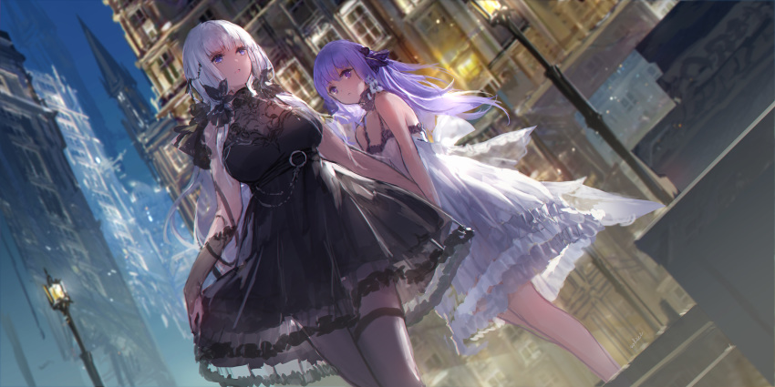 2girls alternate_costume azur_lane bangs bare_shoulders black_dress black_ribbon blue_eyes breasts cityscape commentary_request dress gloves hair_between_eyes hair_ribbon highres illustrious_(azur_lane) large_breasts long_hair looking_at_viewer low_twintails mole mole_under_eye multiple_girls night outdoors parted_lips purple_hair revision ribbon sidelocks sleeveless sleeveless_dress small_breasts smile swd3e2 thigh-highs twintails unicorn_(azur_lane) violet_eyes white_dress white_hair